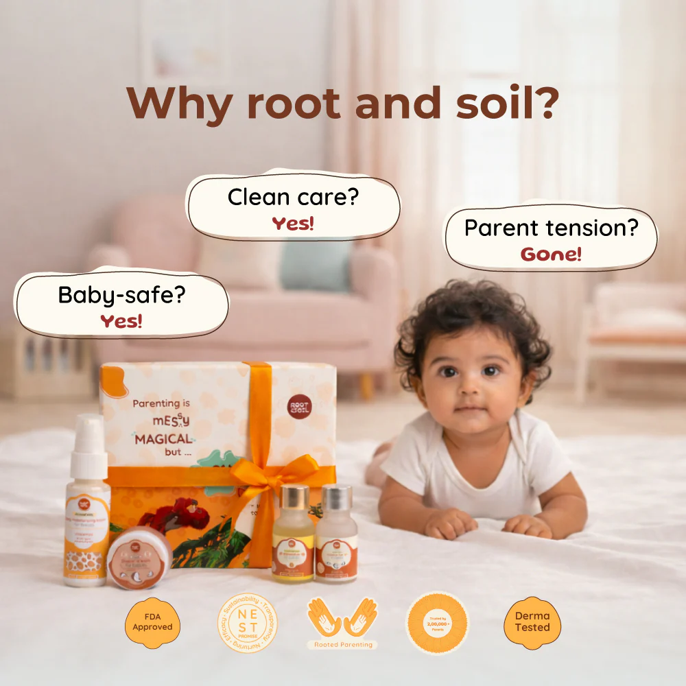 Root and Soil First Touch Baby Gift Box for Newborn | Almond Oil, Coconut Hair Oil, Almond Milk Lotion & Diaper Rash Balm | Baby Shower Gift Set - Image 3